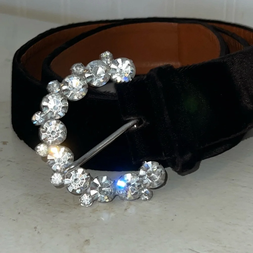 Vintage Calderon black velvet & crystal embellished buckle belt 31” - 34”